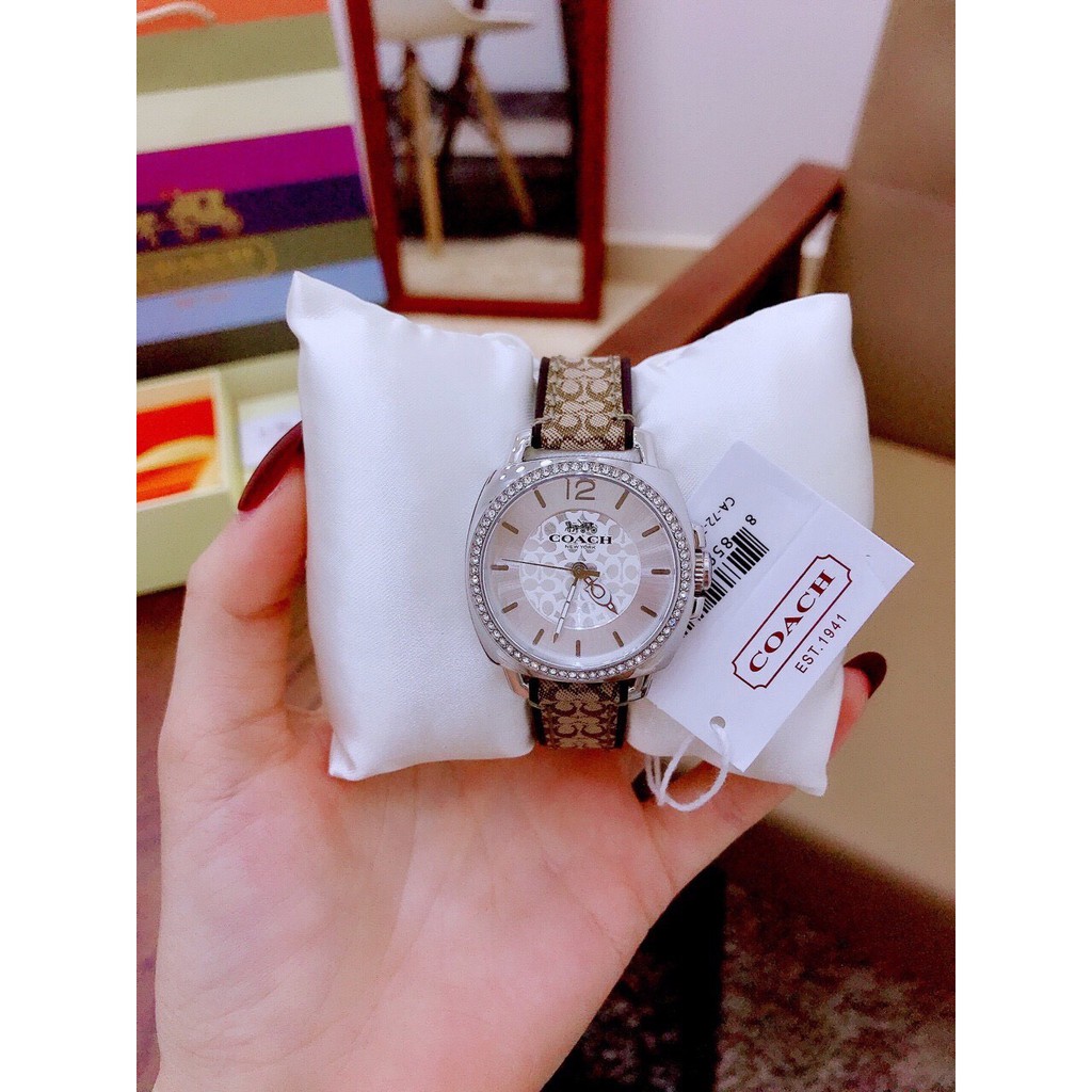 Đồng hồ nữ Coach Boyfriend viền hạt , dây da , size 34mm