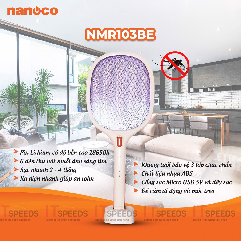 Vợt Muỗi Nanoco Thông Minh 2 In 1 NMR103BE, Pin Sạc 1200mAh, Nhựa ABS, Khung Lưới 3 Lớp Bảo Vệ, Chính Hãng BH 12 Tháng