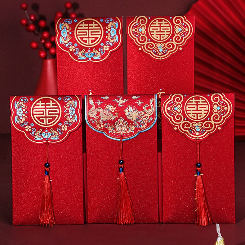 Set Phong bao lì xì đỏ đám cưới cao cấp dầy đẹp,in sắc nét size 16x9cm