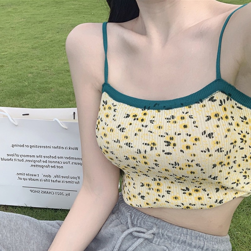 Women's Summer Floral Camisole Korean Sweet Slim Knitting Sleeveless Camisole Floral Crop Tank Top