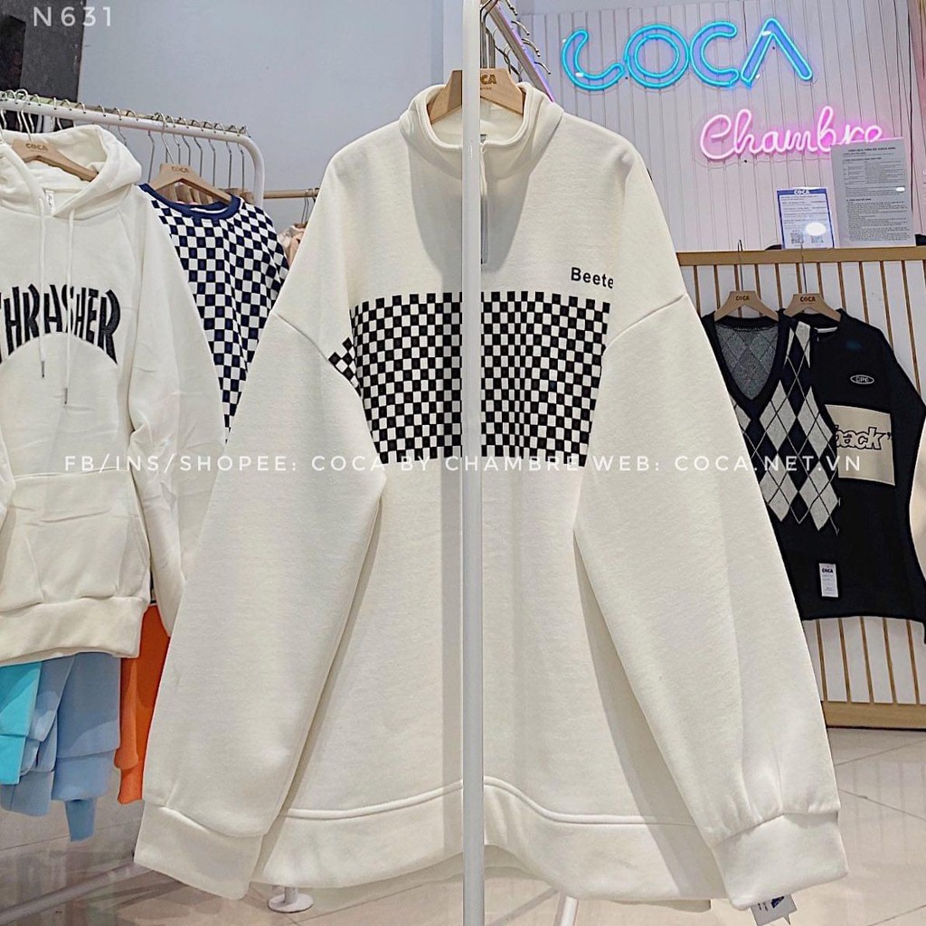 Áo sweater nam nữ cổ trụ khóa caro 2 màu trẻ trung cá tính/ Áo nỉ tay bồng phom thụng mặc đi học đi chơi_xuongmaythuhien | BigBuy360 - bigbuy360.vn