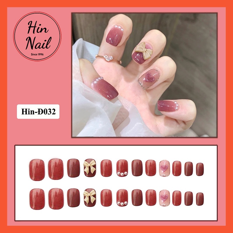 móng tay giả đính nơ Hin Nail form ngắn đỏ trái tim gắn nơ