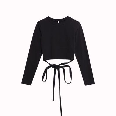 Áo thun cổ tròn croptop dài tay hở lưng buộc dây tôn dáng