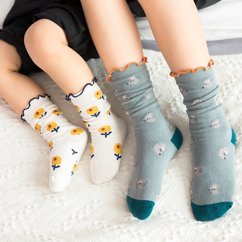 Vớ Tất Baby Cổ Cao Xoăn Thêu Hình Ngộ Nghĩnh Chất Cotton Mát Và Êm Chân