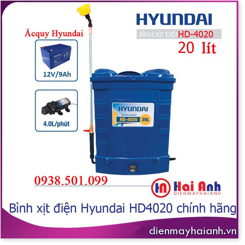 Bình phun thuốc trừ sâu dùng điện Hyundai HD4020 - 20 lít 12V/9Ah cho năng suất cao, phun mạnh đồng đều, tiết kiệm thuốc