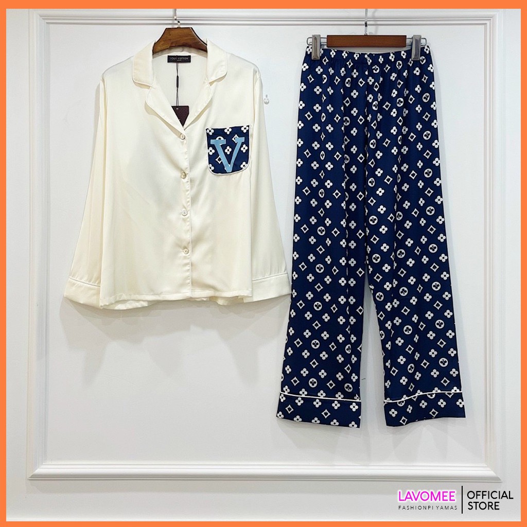 Đồ ngủ mặc nhà, Pyjama, Bộ ngủ nữ dài tay quần dài - chất lụa, Áo trắng quần xanh phối túi chữ V