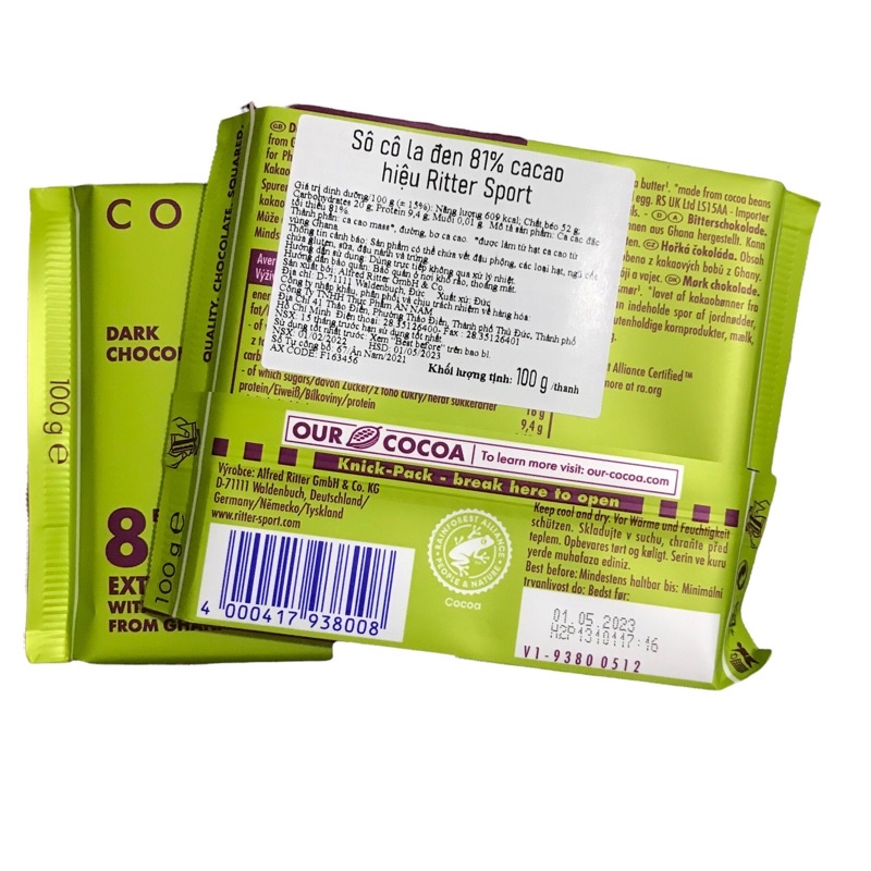 Socola Đen Ritter Sport 81% Cacao Thanh 100g