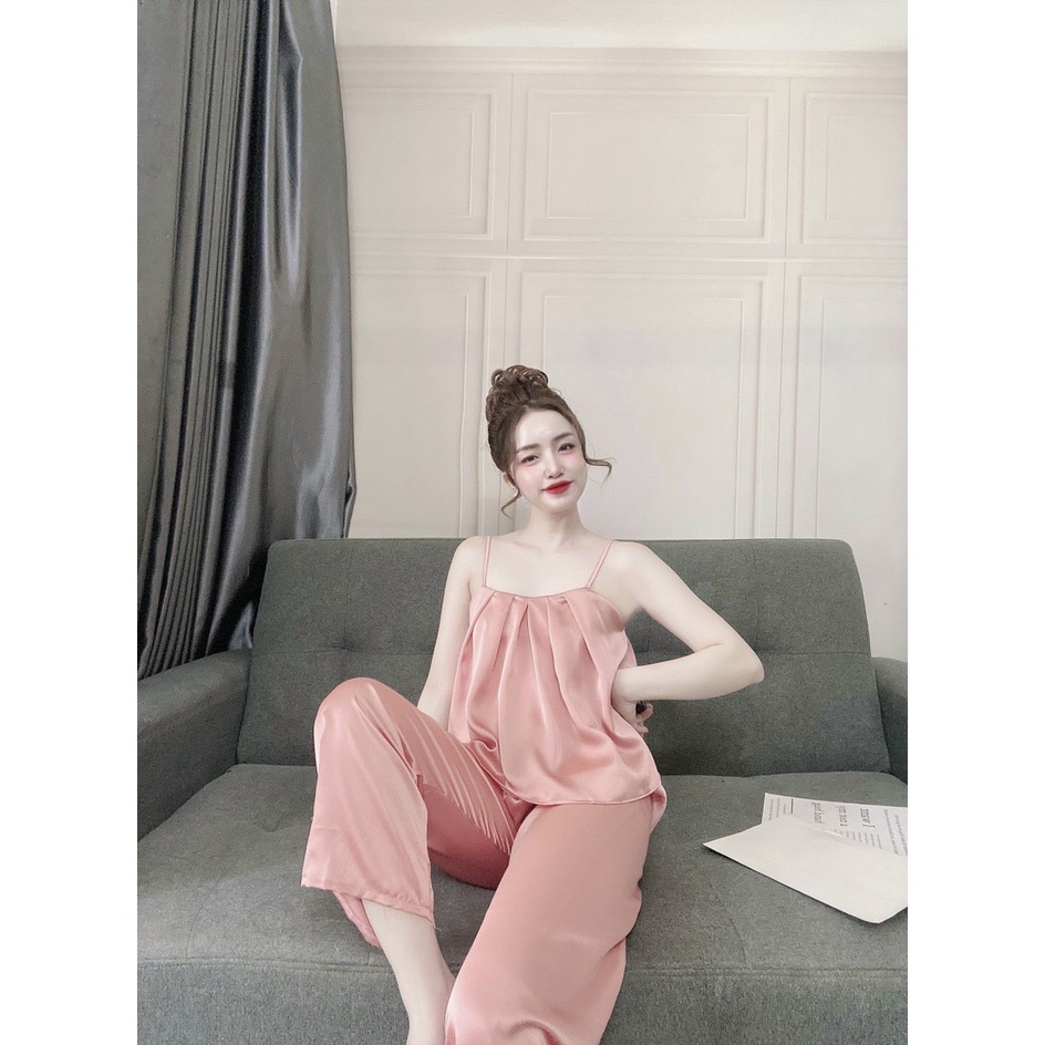 Đồ Lụa Mặc Nhà, Đồ Bộ Nữ Đồ Ngủ Áo Dây Nhún Ngực Quần Dài Chất Lụa Satin Fill Màu Form Rộng Rãi Sang Trọng Kín | BigBuy360 - bigbuy360.vn
