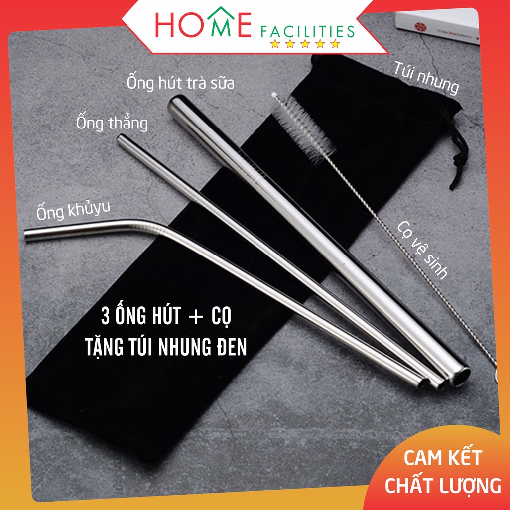 Bộ Ống Hút Inox 304 + Cọ Vệ Sinh + Túi Nhung Đen Sử Dụng Cho Mọi Đồ Uống & Trà Sữa, Chân Châu Tái Sử Dụng