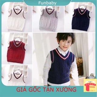 Áo len gile cho bé cổ tim viền kẻ, Gile len bé trai 3-8 tuổi thêu logo chữ E không bai xù phong cách Hàn Quốc
