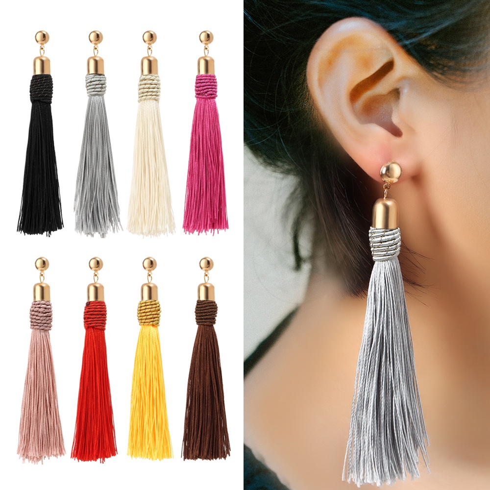 Khuyên tai dài tua rua phối vải lụa nhiều màu sắc phong cách bohemian thời trang cổ điển cho nữ