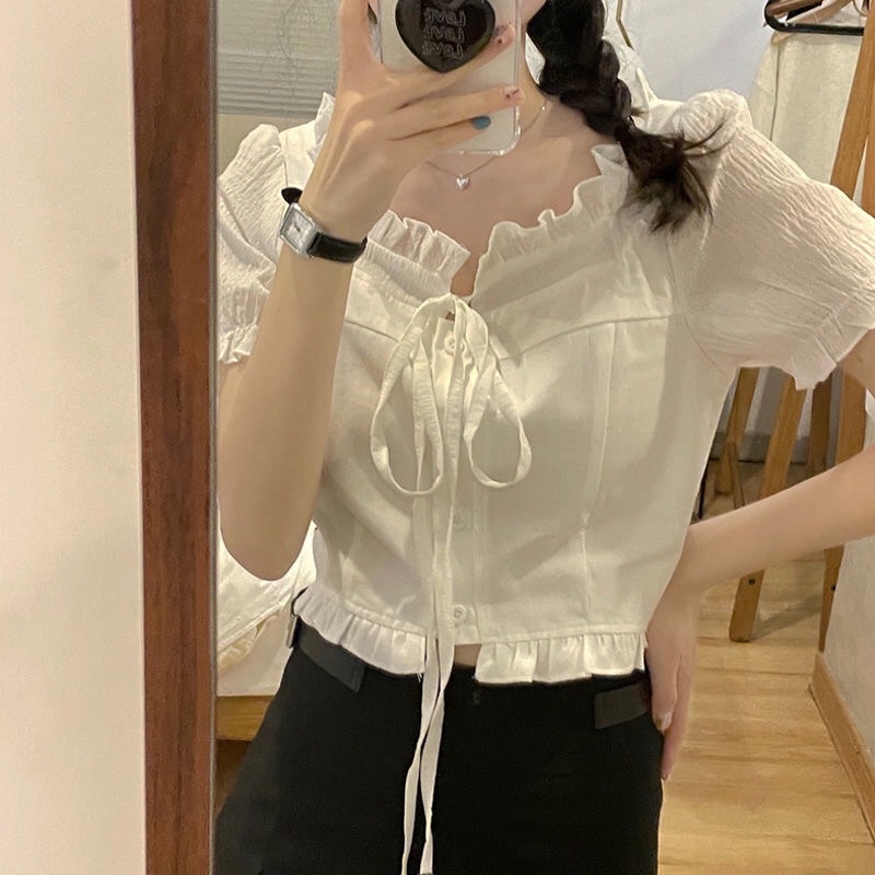 Áo Croptop nữ tay ngắn dáng ôm phối nhún phong cách Hàn Quốc mã QD0136