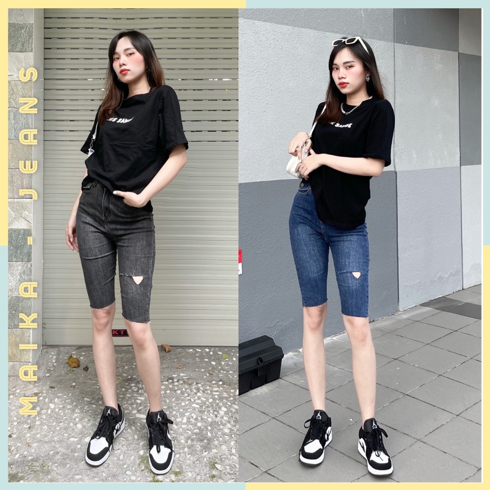 (Hinh thật shop chụp kèm video) Quần Jean Lửng Ôm Rách Kiểu Túi Hộp Lưng Cao
