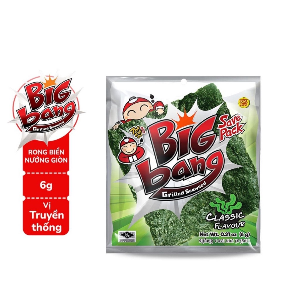Snack Rong Biển Sấy Khô Ăn Liền BigBang Mẫu 6g Tẩm Vị Truyền Thống Vị Mực Ngon Giòn Giàu Dinh Dưỡng Kho Sỉ Sài Thành