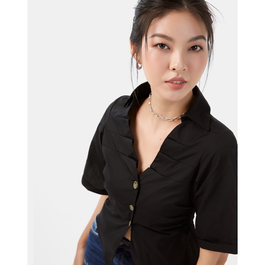 Áo Sơ Mi Nữ Thời Trang JUNO Xếp Ly Cổ, Tay Ngắn JNAKI008