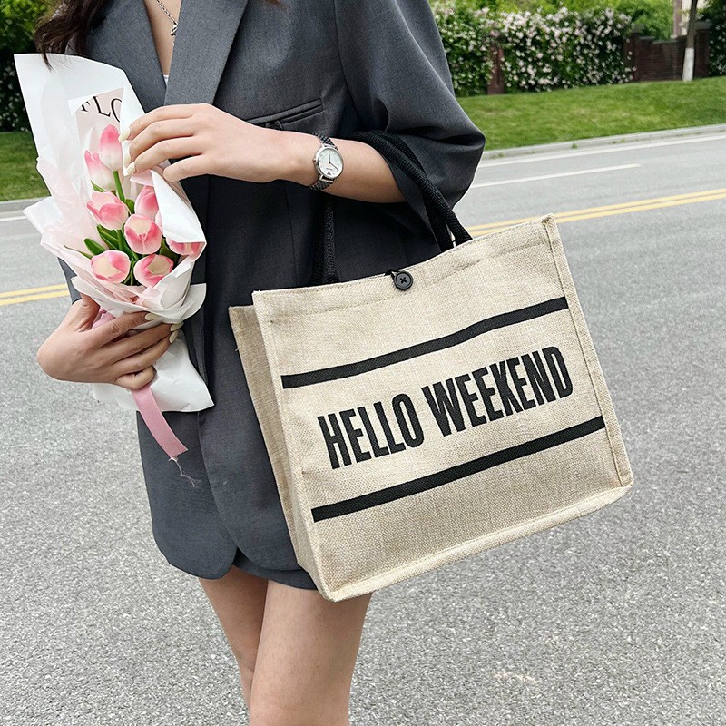 Túi Cói Kèm Ví Hello Weekend-Túi cói đi biển du lịch phong cách Hàn Quốc