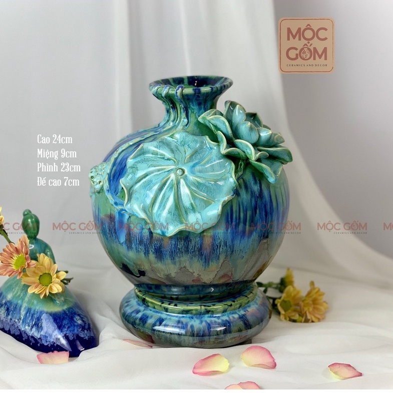 Bình gốm hút lộc men hỏa biến cao cấp đắp hoa nổi kèm đế - Gốm sứ Bát Tràng cắm hoa và decor phòng khách Mộc Gốm MG135