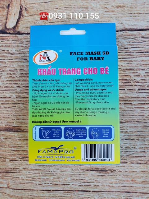 [Mã COS2405 giảm 8% đơn 300K] Hộp 10 cái khẩu trang y tế 5D Mask em bé Nam Anh Famapro xanh, trắng