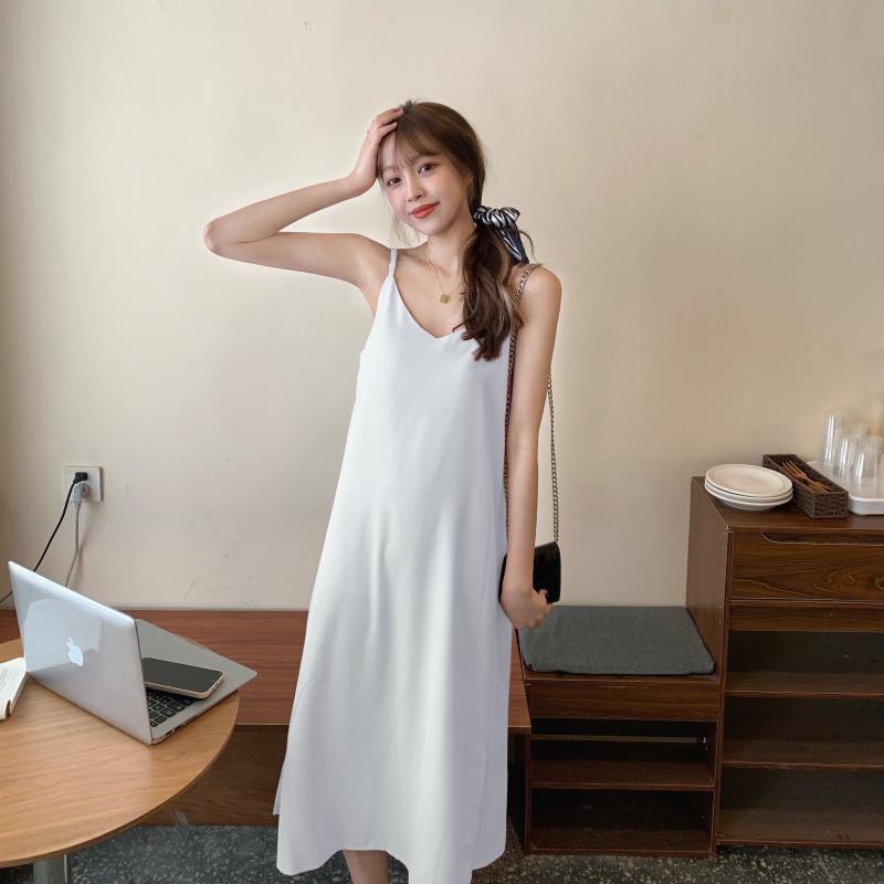 Váy đầm dáng dài vintage 2 dây suông VH902, mẫu váy 2 dây qua gối mặc trong áo sơ mi hoặc mặc đi chơi đi biển