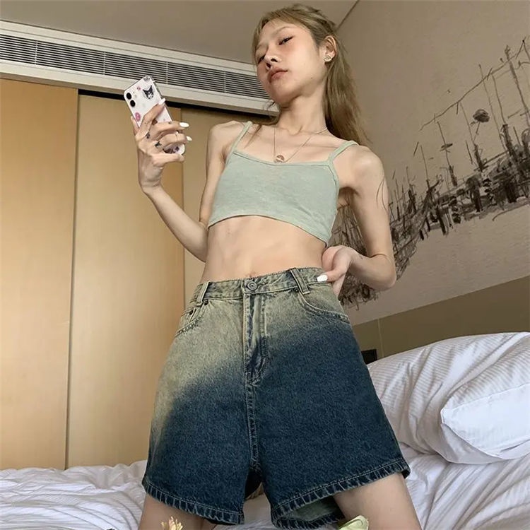 ✌Quần Short Denim Lưng Cao Dáng Rộng Màu Gradient Thời Trang Mùa Hè Cho Nữ