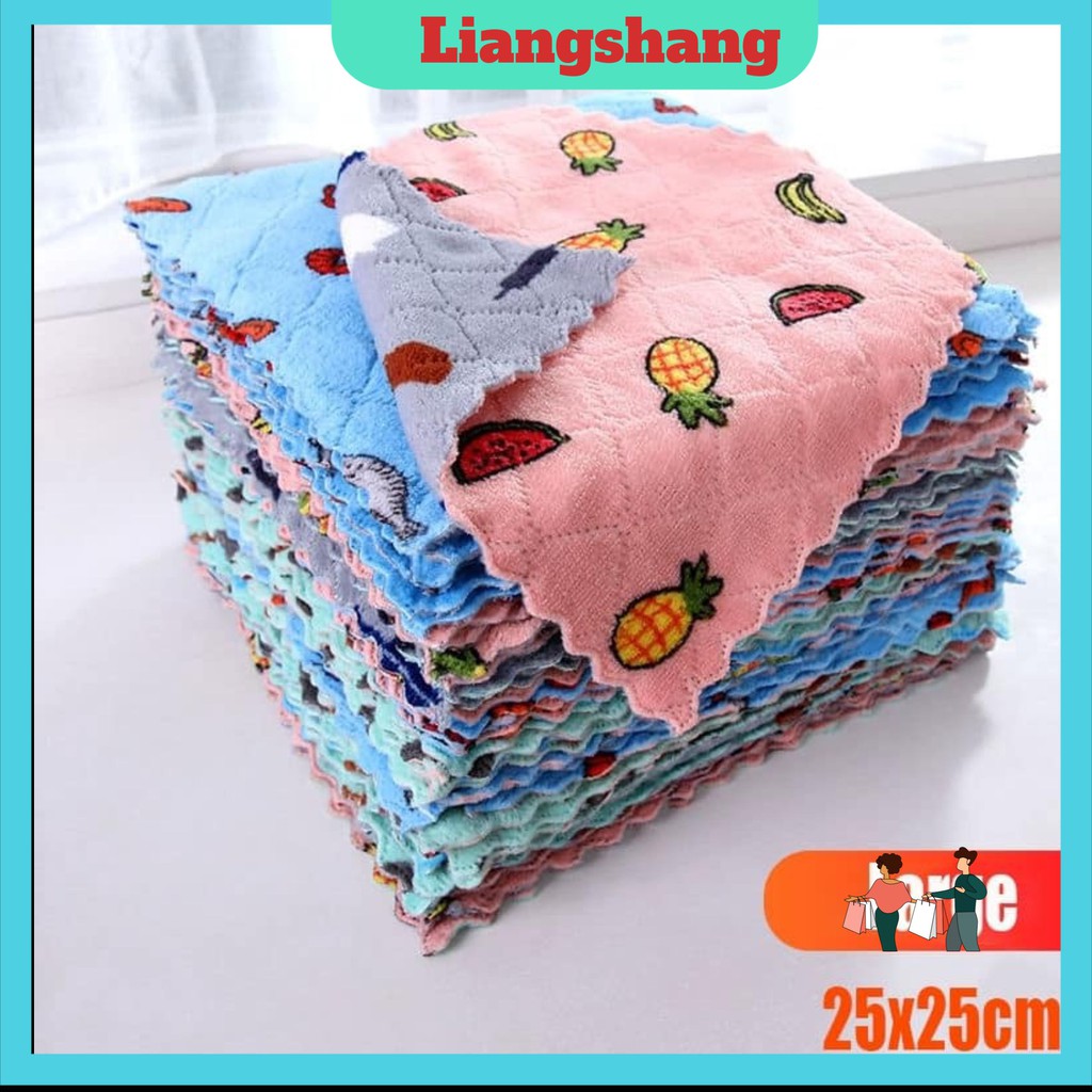 Set 10 Khăn Lau 2 Mặt Họa Tiết Hoa Quả 25x25cm Siêu Thấm Hút Nước - Khăn Lau Lông Cừu San Hô Siêu Thấm