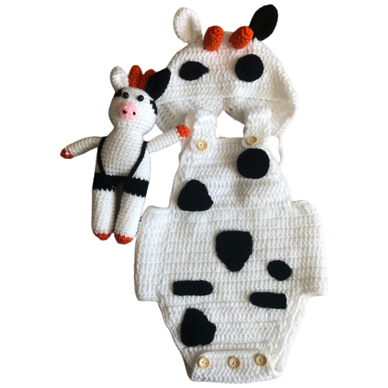 Bộ 3 Món Áo Liền Quần Dệt Kim + Mũ Hình Bò Sữa Dễ Thương Cho Bé Sơ Sinh