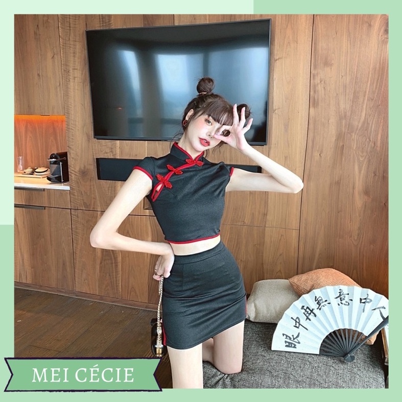 (SẴN) Set sườn xám croptop bling bling (ảnh thật)