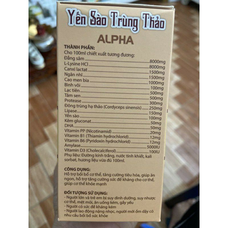 Yến sào trùng thảo Alpha- Bồi bổ cơ thể tăng cường sức đề kháng, giúp ăn ngon (hộp 20 ống *10ml)