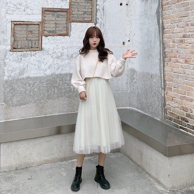 Set len tiểu thư 3 món gồm áo len croptop + chân váy công chúa kèm túi ulzzang siêu xinh