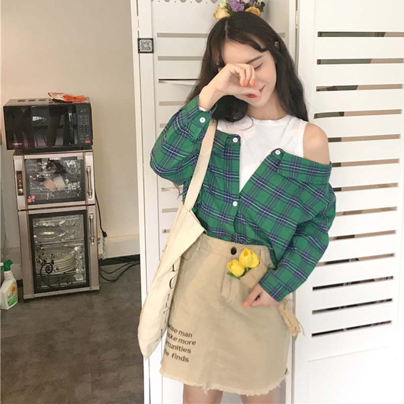 ÁO SƠ MI GIẢ 2 ÁO TRỄ VAI CARO | Shopee Việt Nam