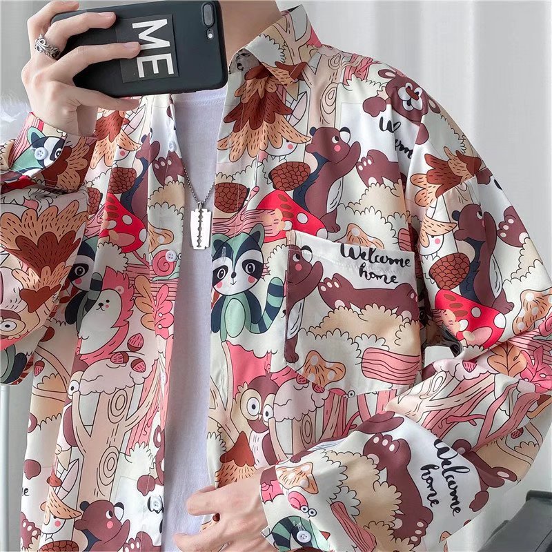 Áo Sơ Mi Nam Tay Dài Dáng Rộng In Họa Tiết Hoạt Hình Phong Cách Hàn Quốc Thời Trang