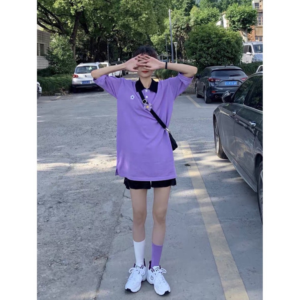 ÁO POLO THÊU HOA TÍM ĐEN - ÁO THUN CỔ BẺ FLOWER ULZZANG
