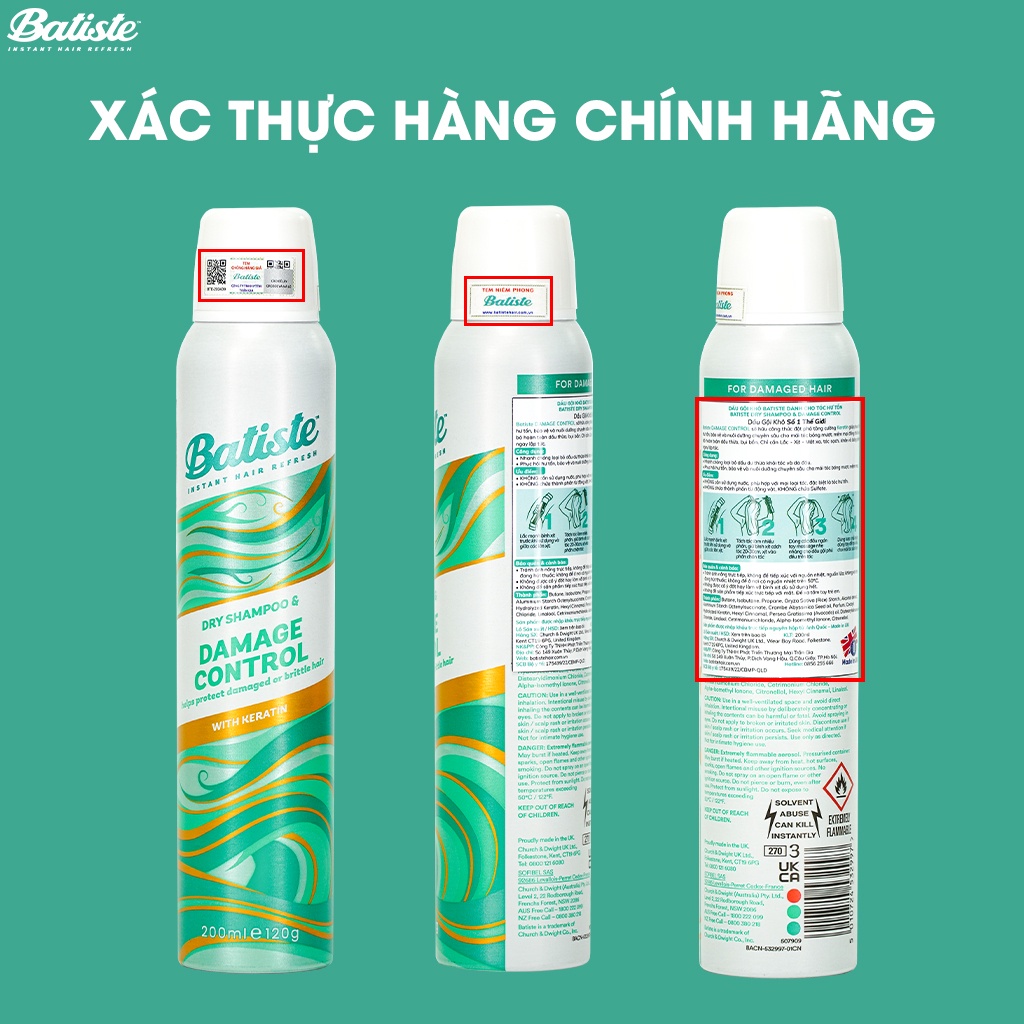 Combo 2 Chai Dầu Gội Khô Batiste 200ml Chăm Sóc Tóc Hư Tổn Và Làm Phồng Tóc Damage Control & Volume