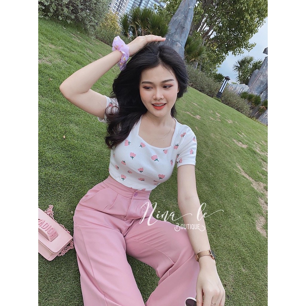 [Ảnh Thật] Áo croptop body ôm cổ tròn in Hoacực xinh cho các bạn nữ