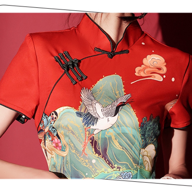 Đầm Sườn Xám Tay Ngắn Cổ Đứng In Họa Tiết Phong Cách Retro Dành Cho Nữ