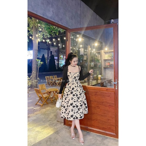 Set váy hoa hai dây xoè kèm áo khoác chất len gân màu nude V309 fullsize AĐ BOUTIQUE