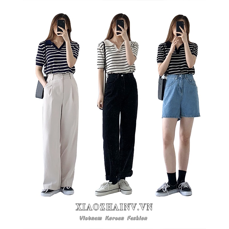 Xiaozhainv Áo polo tay ngắn form rộng họa tiết sọc ngang 2 màu hợp thời trang cho nữ | BigBuy360 - bigbuy360.vn