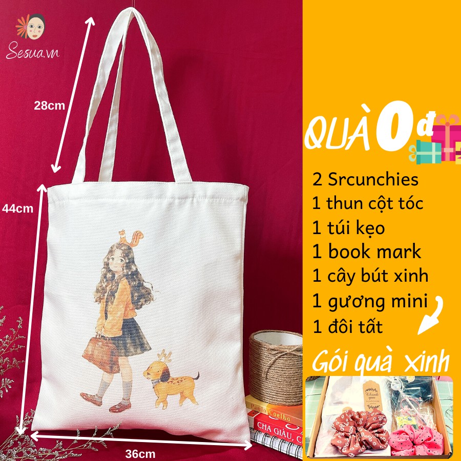 [Túi Thiết Kế-Fullbox quà tặng] Túi TOTE vải Canvas đeo vai phong cách hàn quốc, form unisex vintage - Girl và cún cưng