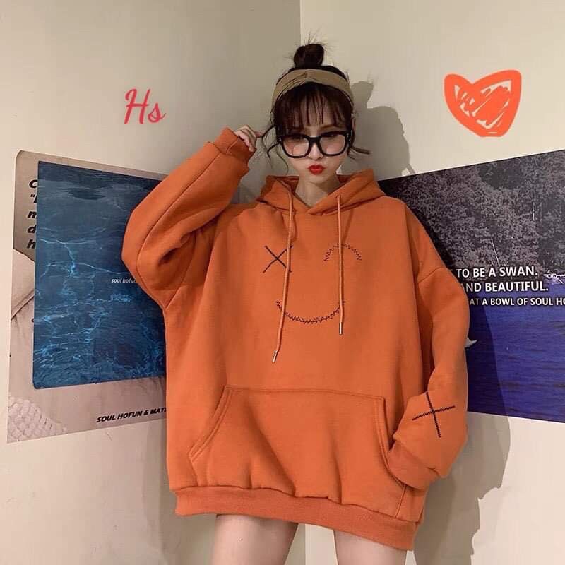 Áo khoác nam nữ. Áo hoodies chất nỉ màu cam họa tiết mặt cười form rộng kiểu dáng unisex | BigBuy360 - bigbuy360.vn