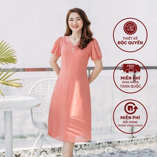 Đầm suông trung niên cao cấp - Cổ lá sen kết nút - Cam sữa - TTV878 TTV Store