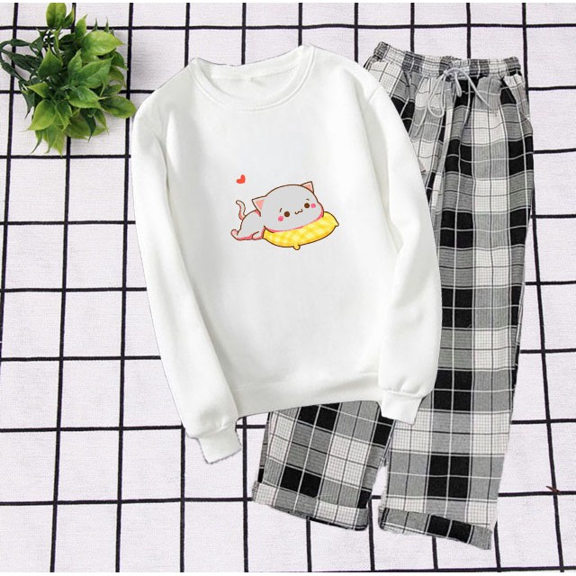 Sét Bộ Đồ Nữ Xinh Cute Đẹp Giá Rẻ, Áo Da Cá Dài Tay In 3D Mèo Nằm Gối Tim Kèm Quần Thô &amp; Jogger Kaki