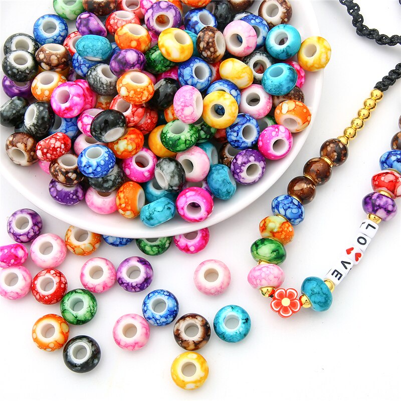 Set 30 hạt acrylic hình tròn lỗ lớn dùng làm trang sức vòng tay thủ công 15x9mm