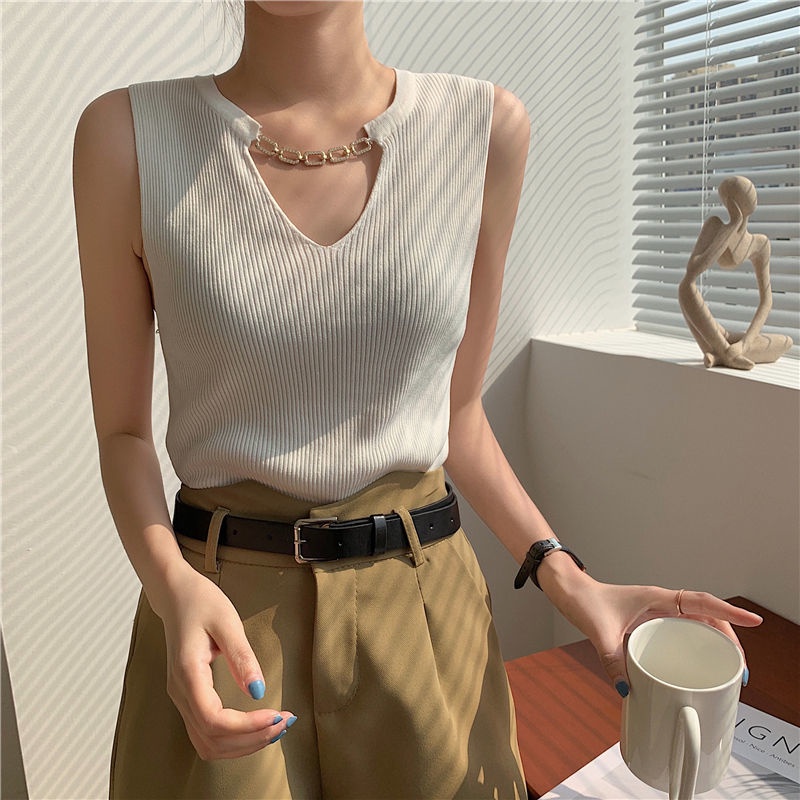 Áo Dệt Kim Không Tay Cổ Chữ V Form Ôm Thời Trang Mùa Hè