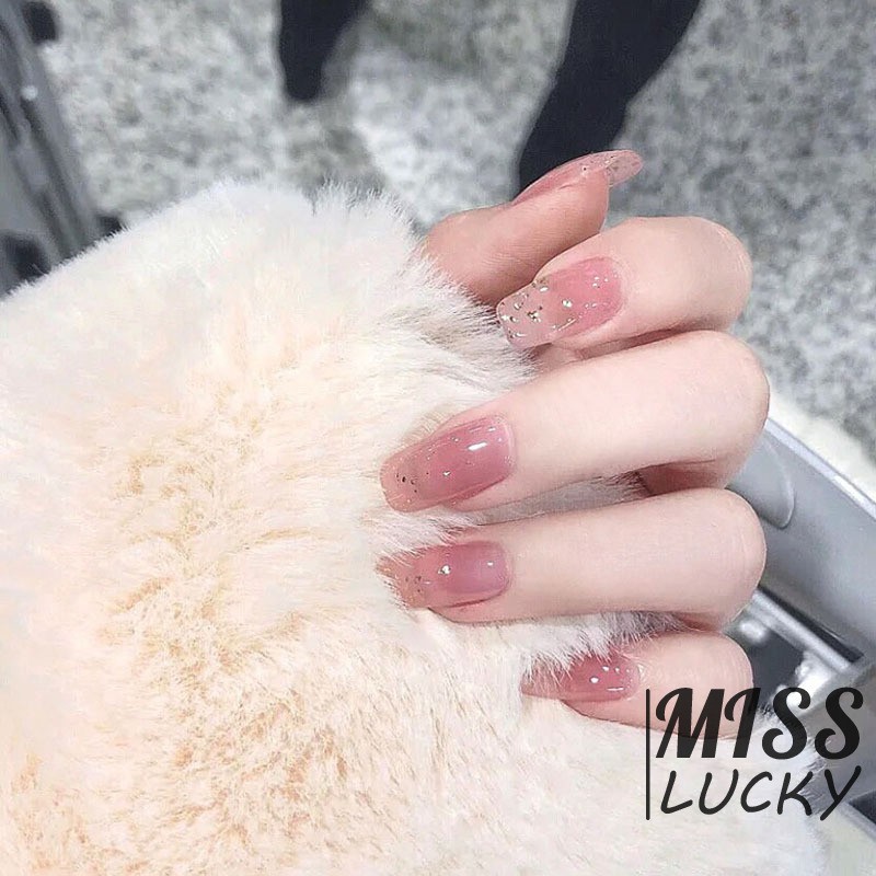 Bộ 24 Móng Tay Giả Dáng Dài Đính Kim Tuyến Màu Hồng Cho Nữ