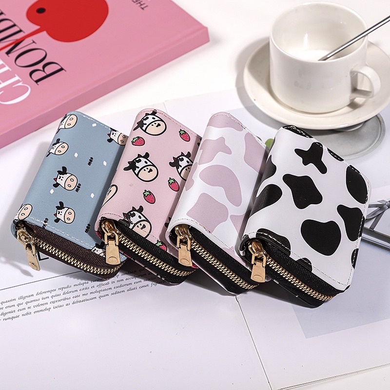 Ví Da Mini Cầm Tay 10 Ngăn Hoạ Tiết Bò Sữa Xinh Xắn Phong Cách Hàn Quốc