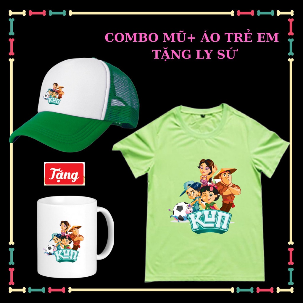 COMBO Mũ lưỡi trai Kun+Áo sữa Kun Áo Gia đình nông trại siêu phàm cho trẻ em-Có size áo người lớn-Tặng Ly sứ Kun cho bé