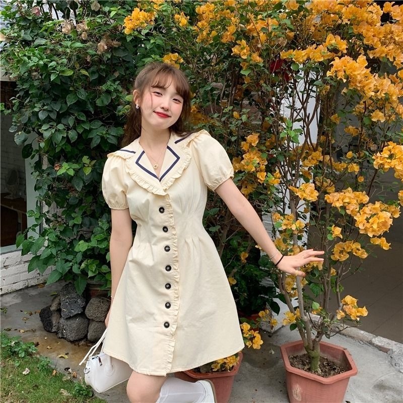 Đầm sơ mi tay phồng thiết kế mới xinh xắn thời trang theo phong cách hàn quốc cho nữ