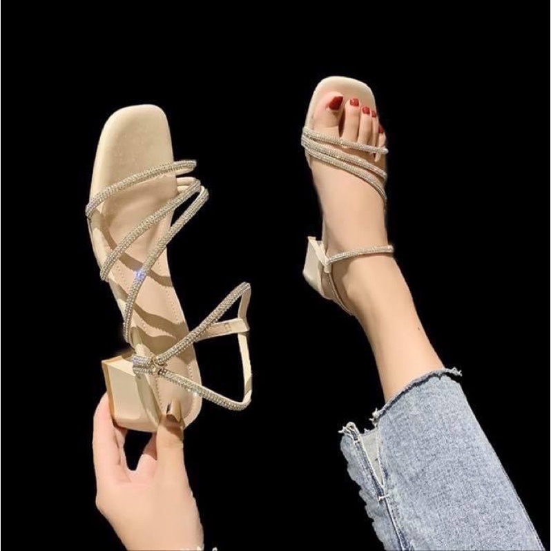Giày cao gót nữ sandal đế vuông 5p quai đính đá kim tuyến bạc