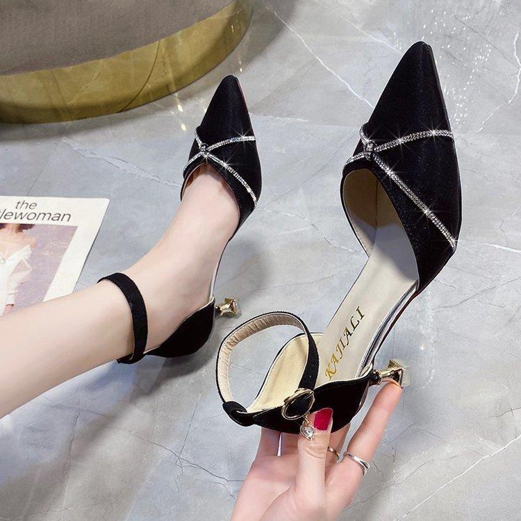 ✟℗European and American temperament rhinestone satin pointed high heels women s spring summer 2021 new hollow stiletto banquet dress shoes