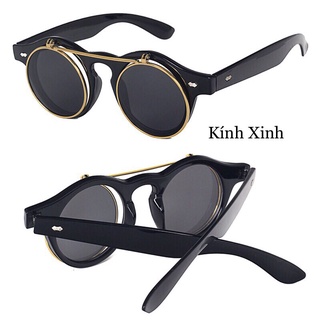 Kính Mát 2 Lớp Lật Gọng Tròn Nhựa Cao Cấp Tặng Kèm hộp đựng và khăn lau